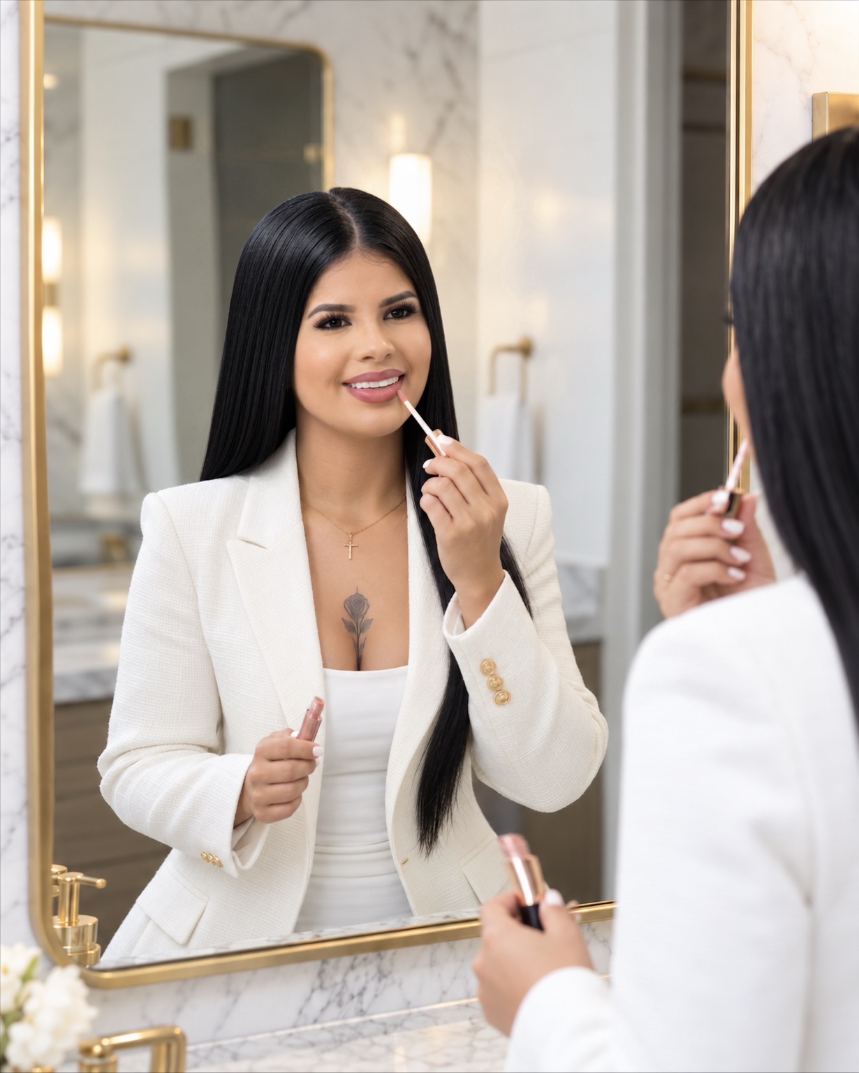 Oriana Alejo aplicándose un producto de labios frente a un espejo